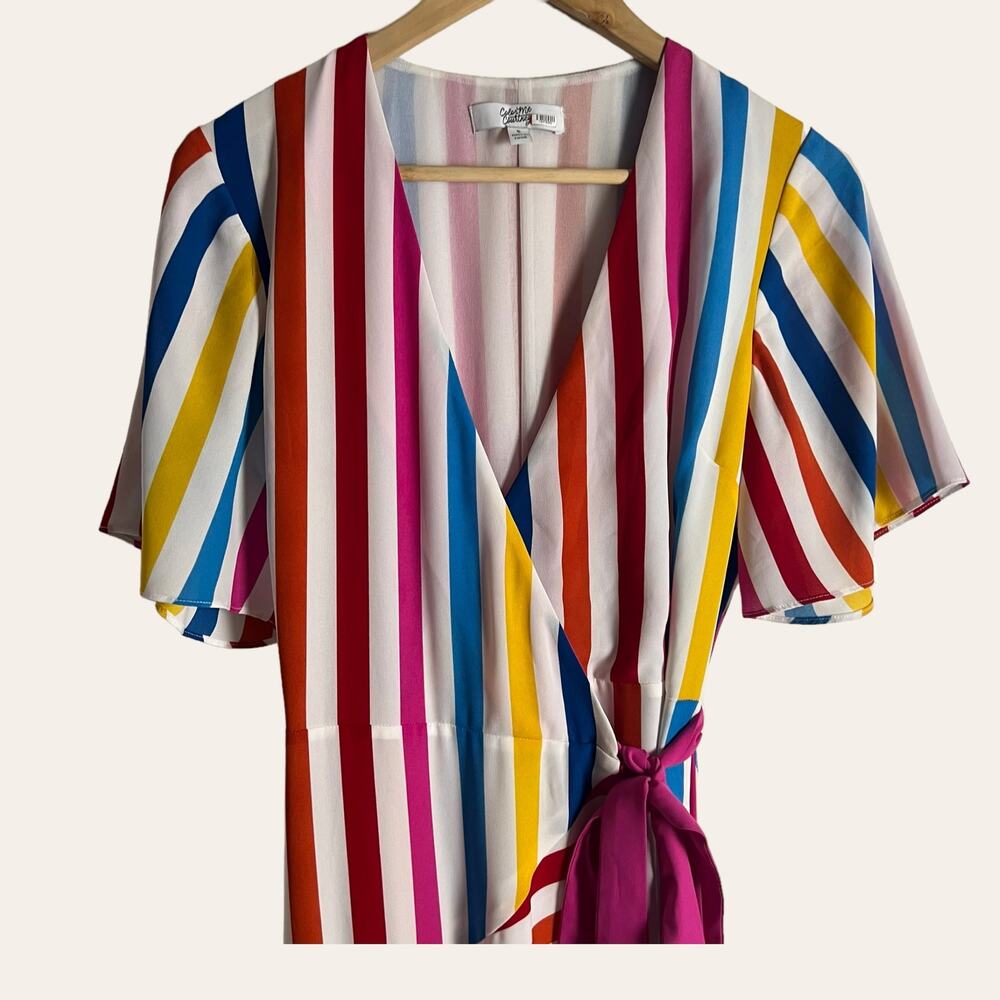 Color Me Courtney Taira Multicolor Striped Short Sleeve Wrap Midi Dress Size S - Picture 7 of 15